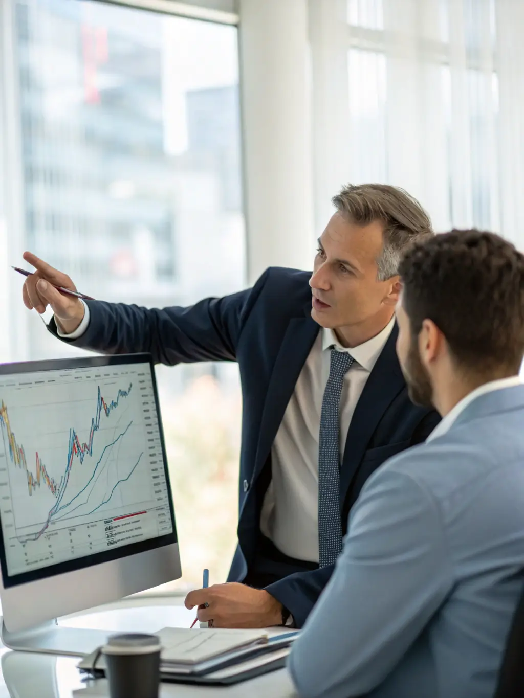 A photograph of a financial analyst in a modern office setting, providing expert consultation to a business client, emphasizing the personalized service offered by Procurify-ap.com.