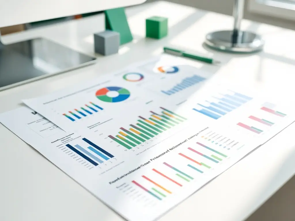 An image depicting a detailed financial report with charts and graphs, highlighting key performance indicators and financial metrics. The setting is a modern office environment, suggesting professionalism and expertise.