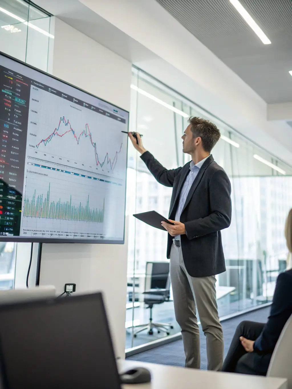 A professional financial analyst presenting a detailed report to a client in a modern office setting, emphasizing expert consultation.